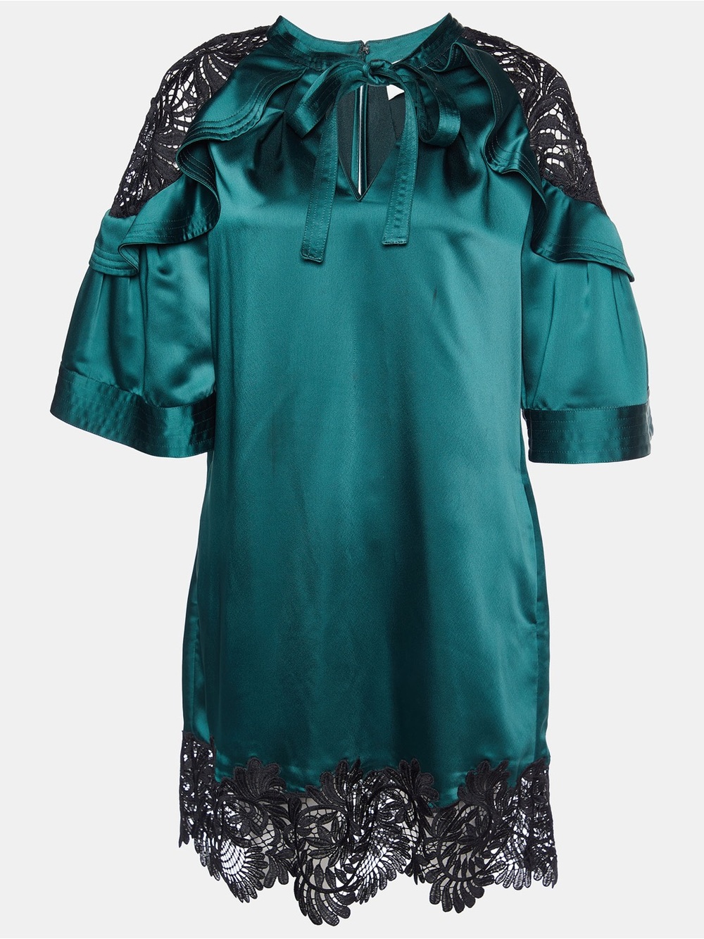 Self-Portrait Emerald Green Satin Lace-Trim Dress